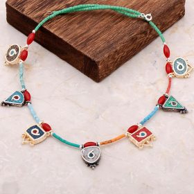 Natural Stone Mosaic Engraved Silver Necklace 6836