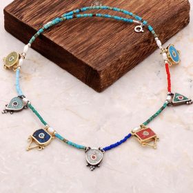 Natural Stone Mosaic Engraved Silver Necklace 6839