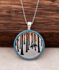 Nature Themed Turquoise Stone Design Rose Silver Plate Necklace 3161