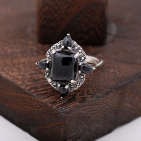 Оникс и марказитен цирконен дизайн сребърен пръстен 2383