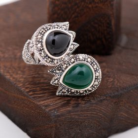 Onix Jade And Marcasite Stone Design Silver Ring 2397