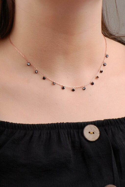 Onyx Stone Design Choker Rose Silver Necklace 6578