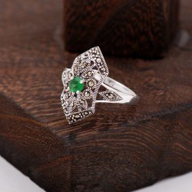 Root Emerald And Marcasite Stone Design Silver Ring 2314