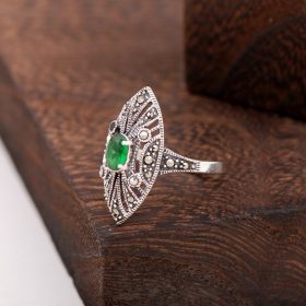 Root Emerald And Marcasite Stone Design Silver Ring 2331