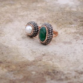 Root Emerald And Pearl Gemstone Handmade Design Rose Silver Ring 2160