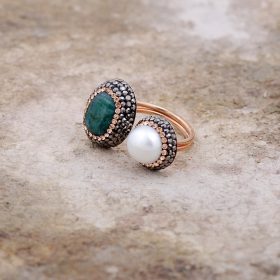 Root Emerald and Pearl Stone Handmade Design Rose Silver Ring 2158