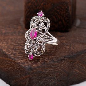Root Ruby And Marcasite Stone Design Silver Ring 2292