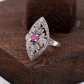 Root Ruby And Marcasite Stone Design Silver Ring 2326