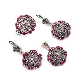 Root Ruby and Marcasite Stone Design Silver Set 998