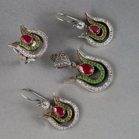 Root Ruby and Root Emerald Gemstone Silver Tulip Set 341