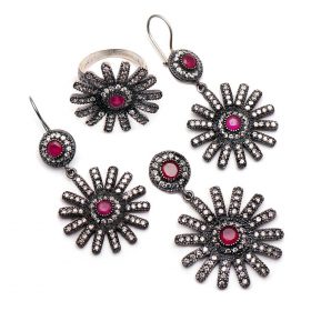 Root Ruby and Zircon Stone Daisy Silver Set 1122