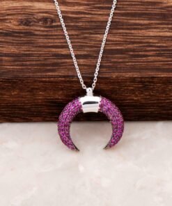 Root Ruby Stone Crescent Design Rhodium Silver Necklace 2696
