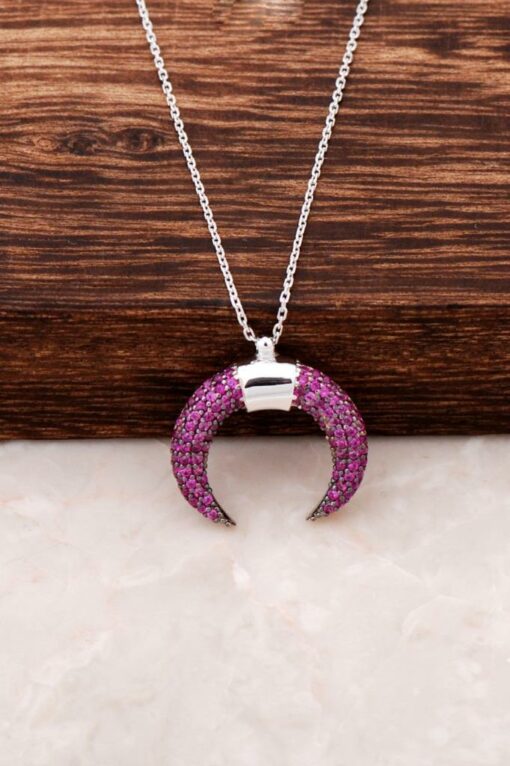 Root Ruby Stone Crescent Design Rhodium Silver Necklace 2696