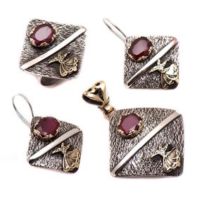 Root Ruby Stone Semazen Embroidered Hammer Forged Silver Set 1095