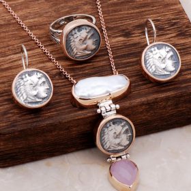 Rose Gold Set with Natural Stone and Ancient Money Design 2047