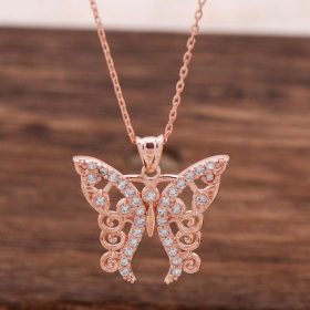Ružový strieborný motýľový náhrdelník 6605