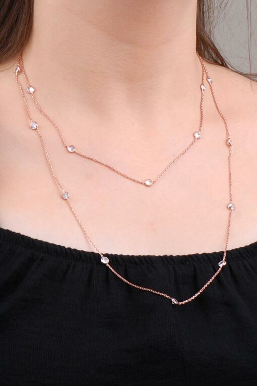 Rose Silver Row Stone 100 Cm Chain Necklace 6629
