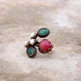 Ruby Emerald And Pearl Gemstone Handmade Design Silver Ring 2206