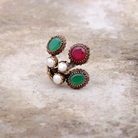 Ruby Emerald and Pearl Gemstone Handmade Design Silver Ring 2207