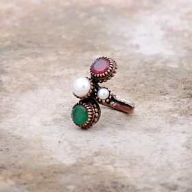 Ruby, Emerald and Pearl Gemstone Handmade Silver Ring 2205