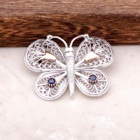 Sapphire Zircon Butterfly Design Filigree Embroidered Silver Brooch 275