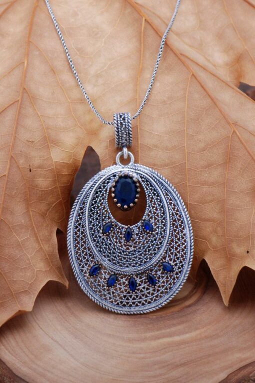 Sapphire Filigree Silver Necklace 6750