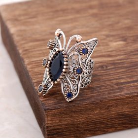 Sapphire Gemstone Filigree Inlaid Butterfly Silver Ring 2498