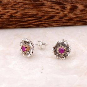 Silver Filigree Earrings with Root Ruby Stone 2500