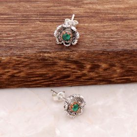 Silver Filigree Mini Earrings with Root Emerald Stone 482