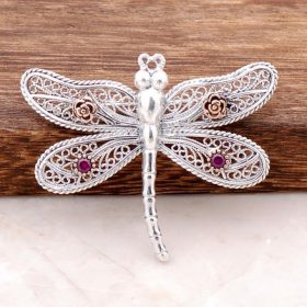 Filigree Embroidered Handmade Silver Dragonfly Brooch 311