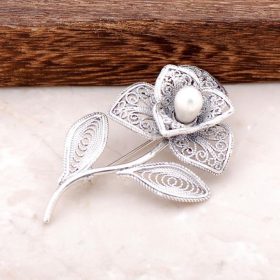 Filigree Embroidered Pearl Stone Handmade Silver Brooch 309