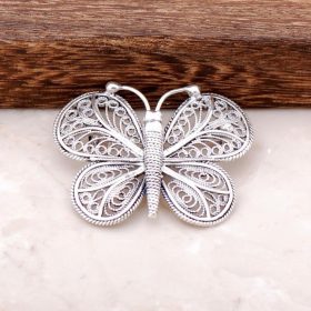 Filigree Embroidered Butterfly Design Silver Brooch 288