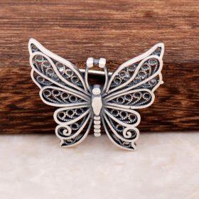 Filigree Embroidered Butterfly Design Silver Brooch 327