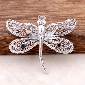 Filigree Embroidered Dragonfly Design Silver Brooch 310