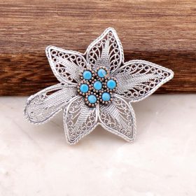 Filigree Embroidered Silver Brooch with Turquoise Stone 270