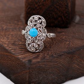 Turquoise And Marcasite Stone Design Silver Ring 2291