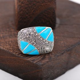 Turquoise And Marcasite Stone Design Silver Ring 2408