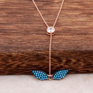 Turquoise Stone Angel Wing Rose Silver Necklace 1106