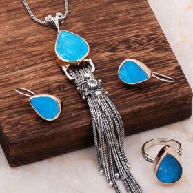 Turquoise Stone Long Chain Design Silver Set 2037