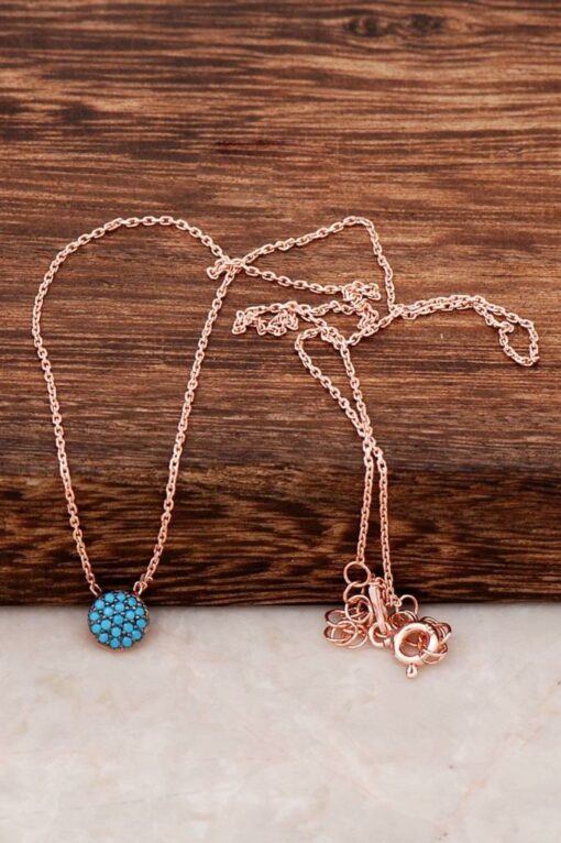 Turquoise Stone Mini Rose Silver Necklace 6482