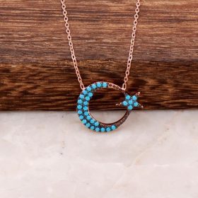 Turquoise Stone Moon Star Design Ros Silver Necklace 2336