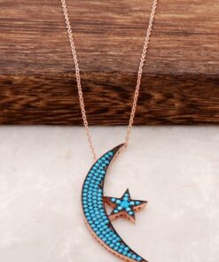 Collier Argent Turquoise Stone Moon Star Design 1375
