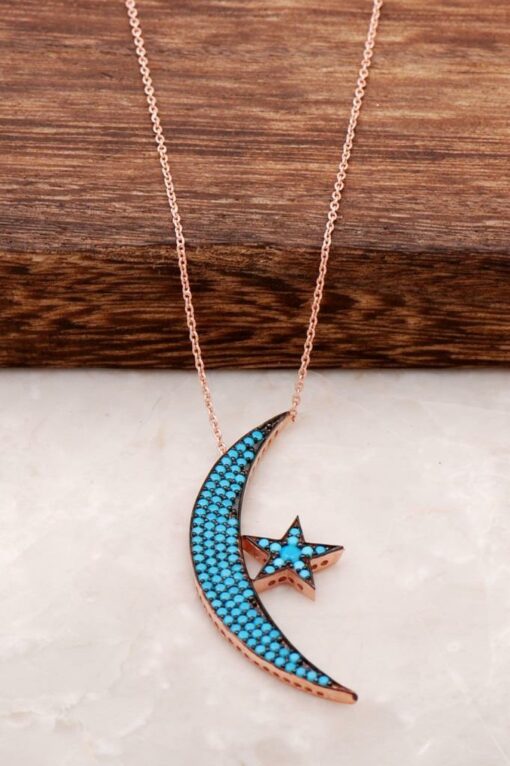 Turquoise Stone Moon Star Design Silver Necklace 1375