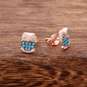 Turquoise Stone Rose Silver Earring with Owl Design 3787