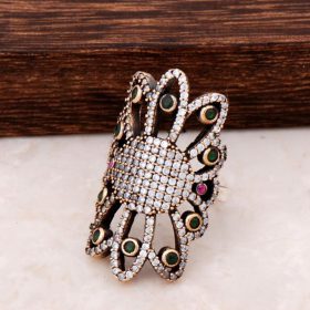 Zircon, Root Ruby and Root Emerald Sterling Silver Ring 819
