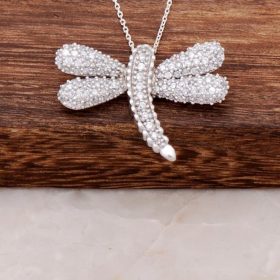 Zircon Stone Dragonfly Rhodium Silver Necklace 1797