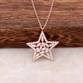 Zircon Stone Star Design Baguette Ros Silver Necklace 2313