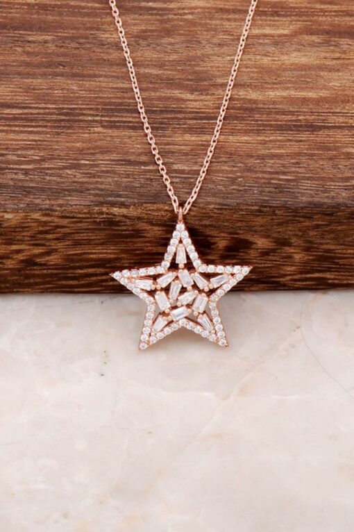 Zircon Stone Star Design Baguette Ros Silver Necklace 2313