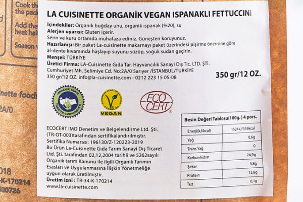 La-Cuisinette, Organic & Vegan Fettuccini with Spinach, 12.34oz - 350g