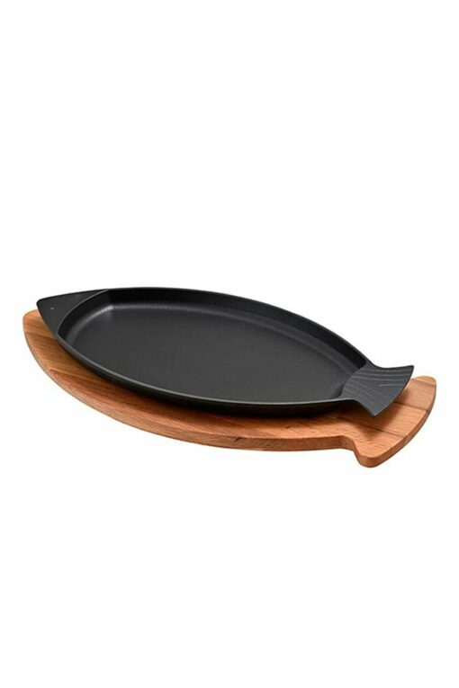 Cast Iron Fish Pan with Handle and Wooden Base, 16×32 cm